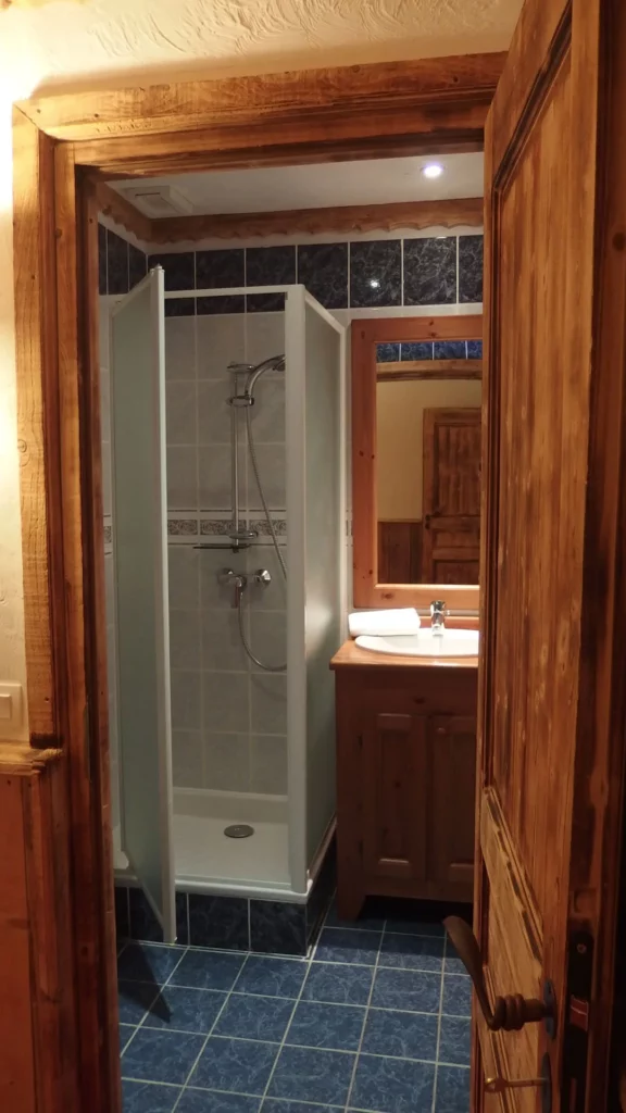 Salle de bain avec douche et carrelage bleu dans l'appartement standard plain-pied 6 personnes des Ancolies
